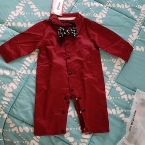 Baby Gentleman Bow Tie Shirt Jumpsuit , Burgundy 